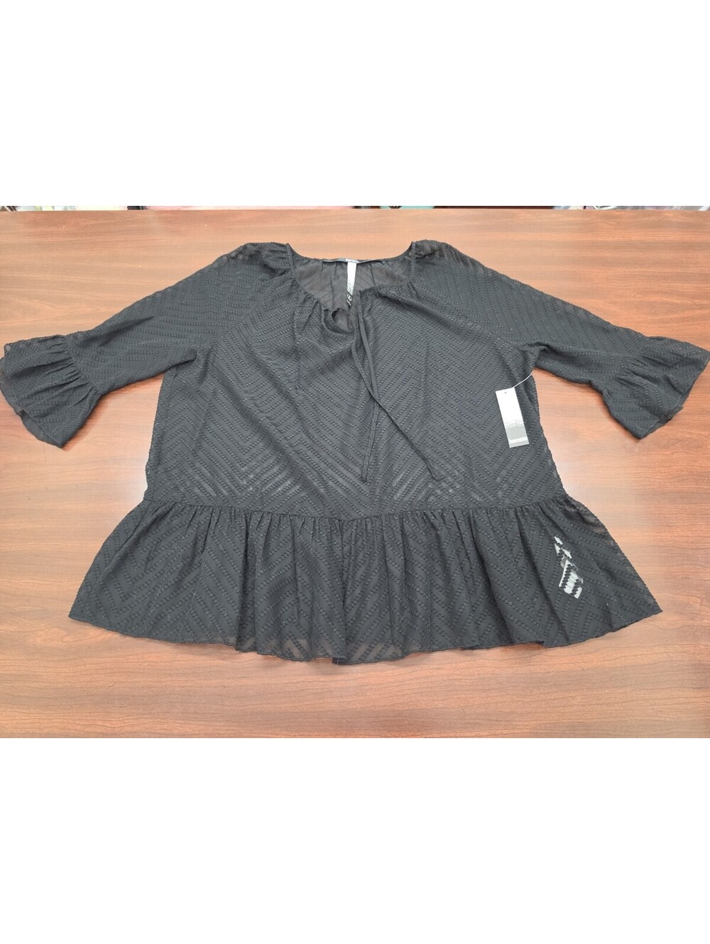 NWT Kensie Large Black Swiss Dot Chevron Tie Neck Peasant Top Goth Glam Boho